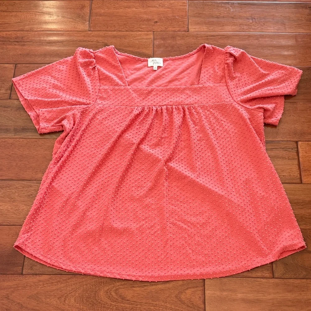 Ava James Size 2X Coral Textured Short Sleeve Top Square Neckline - Picture 4 of 5